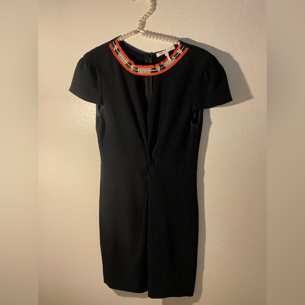 Maje black sheath dress woven ribbon collar twisted waist career Size 1 Small